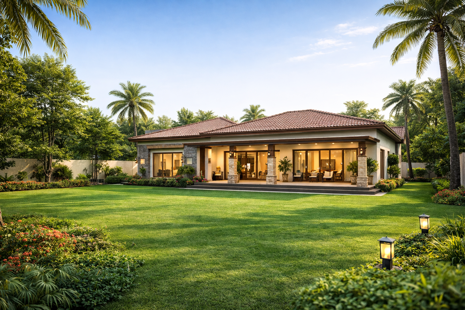Farm House with Green Lawn
